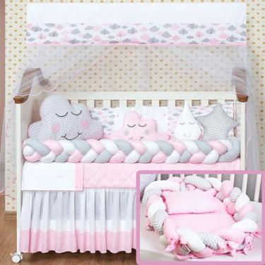 Imagem de Kit Berço + Ninho Redutor Trança Cabeceira Nuvem Chuva de amor 16 peça