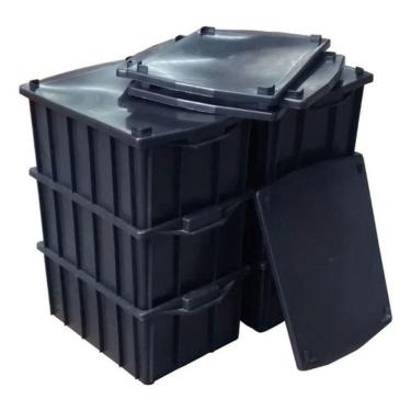 Imagem de Kit 6 Caixas Plásticas Organizadoras com Tampa 28L em Polipropileno Branco Preto Higipack