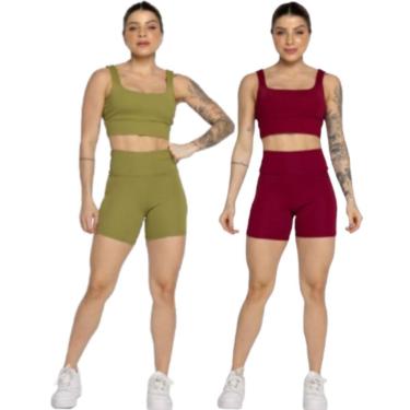 Imagem de KIT 2 Conjunto Top Alça Grossa e Short Smart Serra e Mar Alta Compressão Academia Moda...