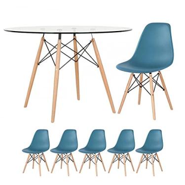 Imagem de Loft7, Kit - Mesa Eames com tampo de vidro 120 cm + 5 cadeiras Eiffel Dsw Turquesa