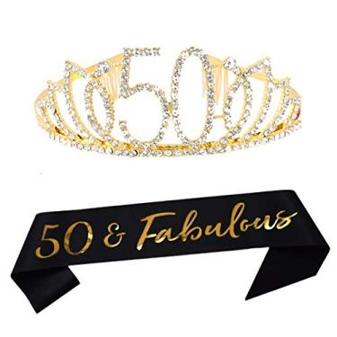 Imagem de Tiara de 50 anos e faixa Happy 50th Birthday Party Supplies 50 fabuloso preto com purpurina faixa de cetim e tiara de cristal, coroa de aniversário de princesa, para mulheres, decoração de festa de 50 anos