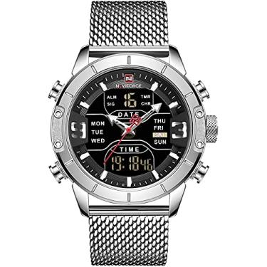 Imagem de Relógio masculino analógico digital pulseira de malha de aço inoxidável relógio esportivo à prova d'água com alarme relógio de pulso militar duplo, Prata