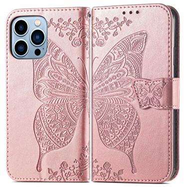 Imagem de Capa para iPhone 14/14 Pro/14 Plus/14 Pro Max, capa de carteira de couro genuíno com capa interna de TPU porta-cartão fino menina feminina alça de pára-choques flip protetora, ouro rosa, 14 Pro 6,1 polegadas