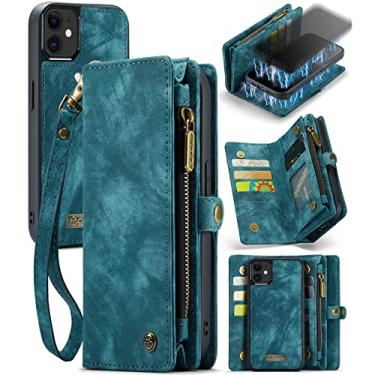 Imagem de ZORSOME Capa carteira para iPhone 12,2 em 1 couro premium destacável PU com 8 compartimentos para cartões, bolsa magnética com zíper, alça de pulso para mulheres, homens e meninas, azul