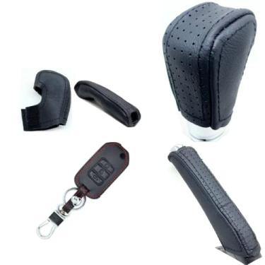 Imagem de Kit Capas Couro Manopla Câmbio Automático E Alavanca Freio de Mão E Chave Canivete City 2022 2023 (Couro preto/linha preta)
