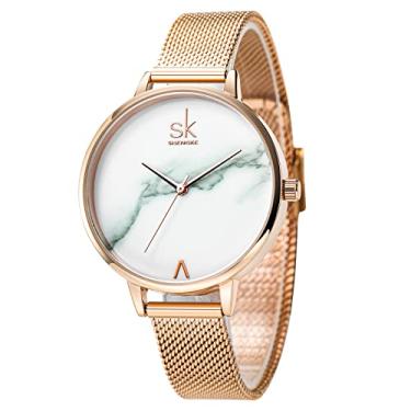 Imagem de SHENGKE Relógio clássico para mulheres, relógios femininos minimalistas de mármore ultrafino, relógio de pulso de quartzo à prova d'água, mostrador grande, fácil leitura, Ouro rosa branco