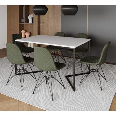 Imagem de Mesa Industrial Retangular Base V 137x90cm Branca C/ 6 Cadeiras Estofadas Verdes Eiffel Aço Preto 