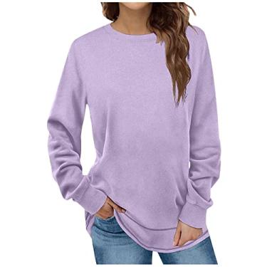 Imagem de Camisola de gola redonda camisola de fundo túnica de manga comprida tops para mulheres camisolas de outono 2023 camisola com capuz de cor sólida, Roxo claro, G