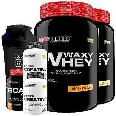Imagem de Kit 2x Waxy Whey Protein 900g + 2x Power Creatina 100g + BCAA 4,5 100g + Coqueteleira - Bodybuilders (Baunilha e Paçoca)