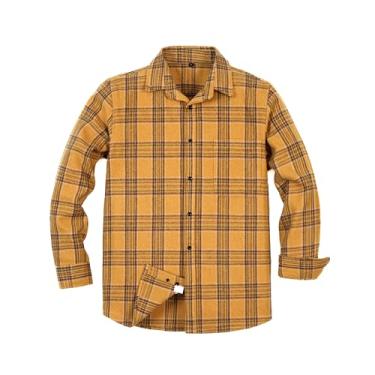 Imagem de HOLCADA Camisa masculina de flanela xadrez de manga comprida para homens, 100% algodão, xadrez, casual, abotoada, com bolso único, G18-amarelo, GG
