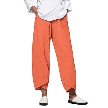 Imagem de Elogoog Calça feminina de linho moderna cintura elástica perna reta calça capri casual primavera verão calça lisa com bolsos, F-laranja, P