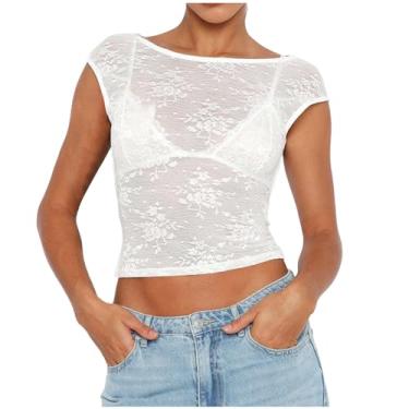 Imagem de Camisetas femininas de renda de malha transparente top sexy para sair verão plus size lindo bordado transparente blusa cropped floral, 025 Branco, G