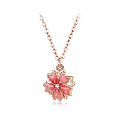 Imagem de UUONLY Conjunto de joias de flores de cerejeira - colar, brinco, pulseira, anel - pingente de flor banhado a ouro rosa com zircônia cúbica - presente de flor rosa para mulheres, Adjustable, Latão