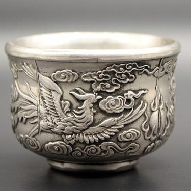 Imagem de 5 cm China Collect Estátua Tibetana Prata Fênix Padrão Tigela de Chá Copo de Vinho