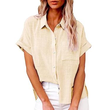 Imagem de Camiseta feminina de verão com botão de manga curta enrolada e lapela, Caqui, M