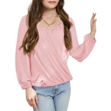 Imagem de Haloumoning Camisetas de manga comprida Lantern para meninas com babados cruzados, blusas plissadas de chiffon, rosa, 13-14 Anos