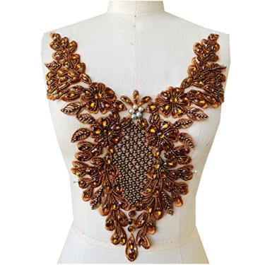 Imagem de Aplique de renda feito à mão com strass costurados à mão, remendos para roupas de vestidos, acessórios de decote e saia (marrom)