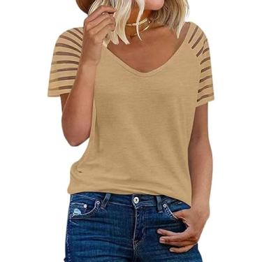 Imagem de Minlywish Camiseta feminina elegante gola V verão tops com listras transparentes manga curta P-XGG, Caqui, G