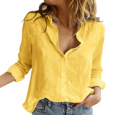 Imagem de Camiseta feminina de linho, cor lisa, manga comprida, caimento solto, gola V, botão, túnica, camisa elegante de verão, Amarelo, 5G
