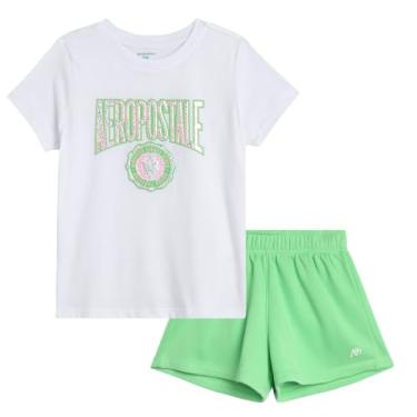 Imagem de AEROPOSTALE Conjunto de shorts para meninas – camiseta estampada de jérsei de 2 peças, shorts de lã, short de scooter cargo - roupa de verão para meninas (4-12), Branco, verde, 5/6