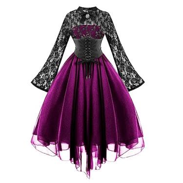 Imagem de E-844 Roxo longo curto 1/2 manga sino ombro de fora para mulheres gola redonda renda chiffon formal festa de formatura festa noite festival sexy vitoriano vestido gótico vestido feminino vestido de