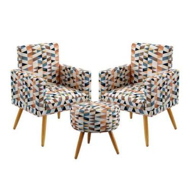 Imagem de Kit 2 Poltronas Vega Rodapé e Puff Solar Suede Estampado Laranja Arade