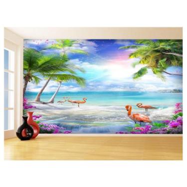 Imagem de Papel De Parede Praia Mar Flamingos Coqueiros 3,5M Npr327 - Você Decor