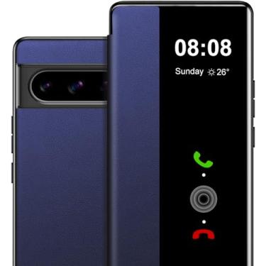 Imagem de Capa de couro flip para Google Pixel 7A com visão clara, fina de luxo para celular Google Pixel 7a capa protetora rígida de PC flip à prova de choque para Google Pixel 7A 5G capa transparente azul