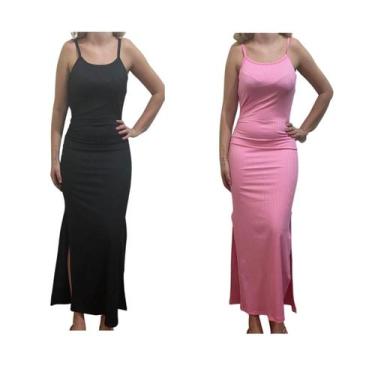 Imagem de Kit c/2 Vestidos Longo Canelado com Fenda - Empório J, Preto, Rosa bb,