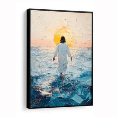 Imagem de Quadros Decorativos Grande Jesus Cristo Abstrato andar aguas religioso com moldura e vidro 60x80 (Moldura Preta, 60x80, Com Vidro)