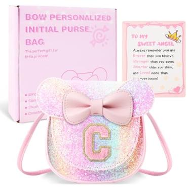 Imagem de izuzta Bolsa infantil para crianças 1 2 3 4 5 6 7 8 anos de idade bonito mouse orelha laço bolsa transversal presente de aniversário, Bolsa pequena/brilhante/letra rosa, C, C