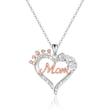 Imagem de YV-cozx Colar de mãe para mulheres, coração rosa, presente "I Love You", presentes para o dia das mães, princesa, mãe, rainha, coroa, colar para mãe, mãe, esposa, Medium, Cobre, Zircônia cúbica