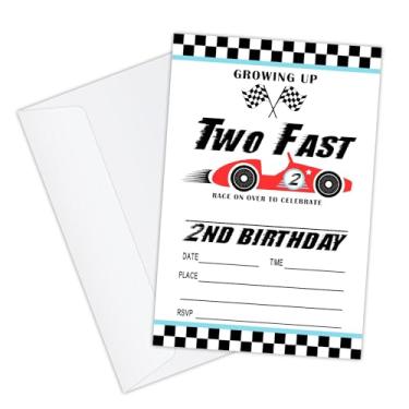 Imagem de GaNiao Convite de festa de aniversário de carro de 2ª corrida com envelopes para crianças menino dois cartões de convite para festa de aniversário de 2 anos Fast 2nd Birthday Party Supplies Decorações