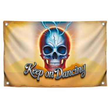 Imagem de Caveira engraçada com imagem de bandeira de 9 x 1,5 m com relâmpago "Keep on Dancing" com 4 argolas de latão - Banner de ursos dançantes mortos para docoratina de parede - Bandeira ou faixas dos EUA