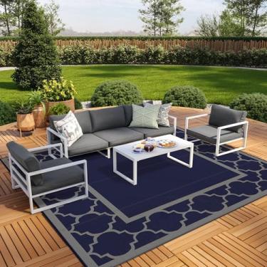 Imagem de Tapete externo GENIMO 3 m x 3 m, impermeável, para espaço de pátio, interior, exterior, palha de plástico, reversível, para trailer, acampamento, varanda, deck, piquenique, praia (azul e cinza)