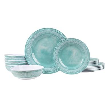 Imagem de AELS Conjunto de 18 peças de louça de melamina, conjunto de pratos de jantar para uso interno e externo, conjunto de pratos e tigelas de melamina para 6, pode ser lavado na lava-louças, leve,