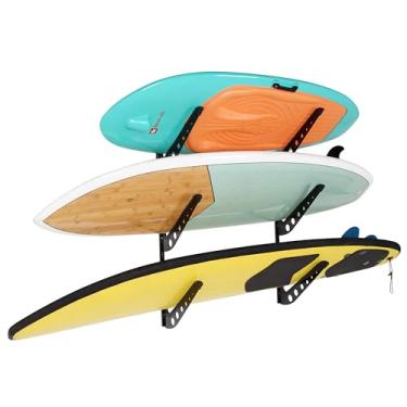 Imagem de HIKULA Suporte de parede de 3 pranchas de surfe para prancha de surf, wakeboard, armazenamento de snowboard cabides de parede ajustáveis para exibição de pranchas
