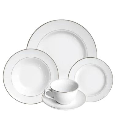 Imagem de Aparelho de Jantar e Chá 20pçs Porcelana Branca Filete Prata Estaleiro