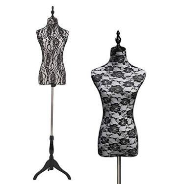 Imagem de CUTPOIY Manequim feminino em forma de manequim torso, manequim com base de madeira ajustável altura 47 polegadas - 70 polegadas para roupas de costura exibição de vestido interessante (preto pequeno)