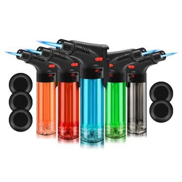 Imagem de WANBRO Pacote com 5 isqueiros de tocha, potente chama a jato à prova de vento, isqueiros recarregáveis a gás butano com trava de segurança, mini maçarico para vela, fogos de artifício (sem gás)