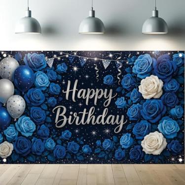 Imagem de Starlit Patio Banner de fundo de feliz aniversário, azul marinho, rosa, floral, fotografia, balões, decorações para homens, mulheres, meninos, meninas, artigos de festa, adereços para cabine de fotos