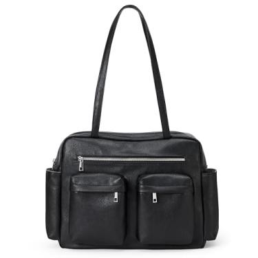 Imagem de KALIDI Bolsa de couro vegano feminina bolsa utilitária de couro sintético bolsa de ombro de viagem vintage para trabalho namoro faculdade, preta