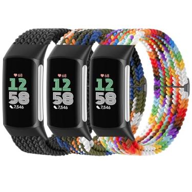 Imagem de Pulseiras trançadas de nylon trançadas compatíveis com Fitbit Charge 6/Charge 5, pacote com 3 pulseiras ajustáveis e elásticas de nylon macio para relógio inteligente Fitbit Charge 5/Charge 6 Tracker