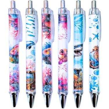 Imagem de YJ PREMIUMS Canetas Under the Sea 6 peças - Bulk Fun Ocean Baby Shark Dolphin Fish Tinta decorativa retrátil preta fofa lembrancinhas de festa tema de praia presentes de escritório pescaria animais