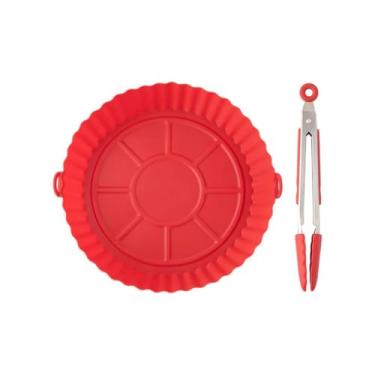 Imagem de Kit Forma de Silicone Redonda 16cm para Air Fryer e Pegador 21cm Protetor Antiaderente Reutilizável Com Alça Para Fritadeira Elétrica fornos e microondas Resistente ao Calor Fácil Limpeza Cor Sortida