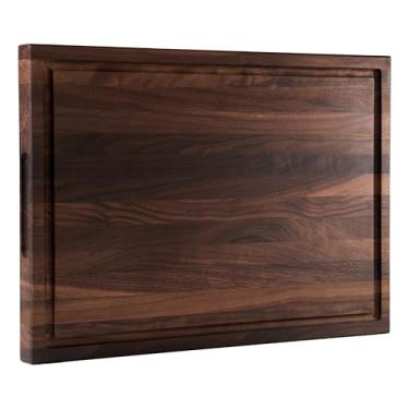 Imagem de Cozifa Tábua de corte de madeira de nogueira americana para cozinha com sulco de suco, alças internas, caixa de presente; bloco de açougueiro com acabamento em madeira com óleo de linhaça, cera de abelha, cera de carnaúba e óleo de limão (45,7 cm C x 30,5 cm L x 2,5 cm de espessura)