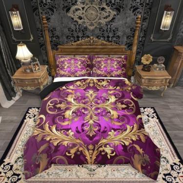 Imagem de Erosebridal Conjunto de edredom queen damasco dourado, floral, exótico, para crianças, meninos, meninas, hippie, boêmio, paisley, asteca, para quarto, edredom de luxo barroco vitoriano