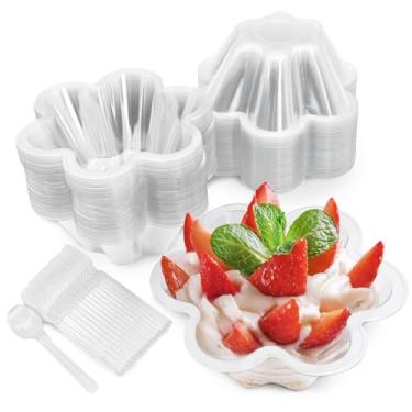 Imagem de Slomg Pacote com 100 copos de sobremesa de plástico de 227 g com colheres, tigelas de sorvete descartáveis em forma de flor pequenas transparentes, tigela de servir de festa reutilizável para sundae