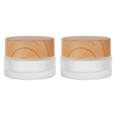 Imagem de NICENEEDED 2 frascos vazios de vidro fosco de 5 ml com tampas de bambu, dispensador cosmético redondo de amostra pequena, recipiente recarregável DIY para creme para os olhos, pomadas, protetor labial