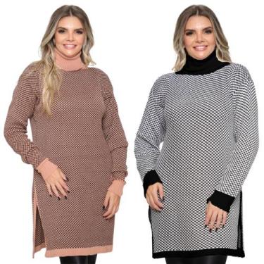 Imagem de Kit 2 Ponchos Feminino Plus Size Xadrez Gola Alta de Tricô - Ebenezer,